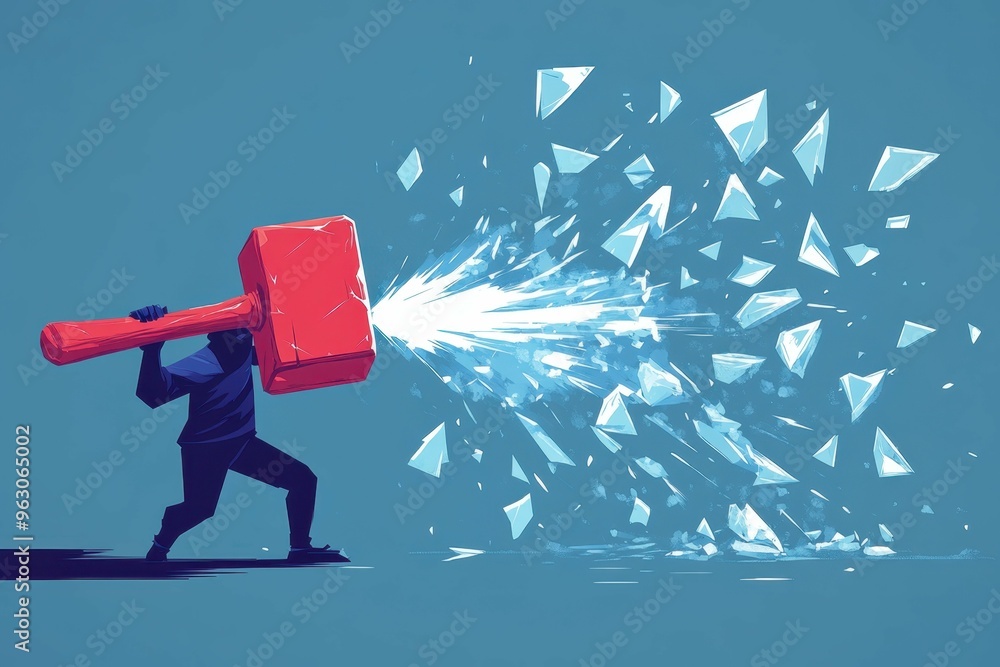Poster a sharp modern graphic representation of a hammer hitting an ice wall with bright angular shards fly