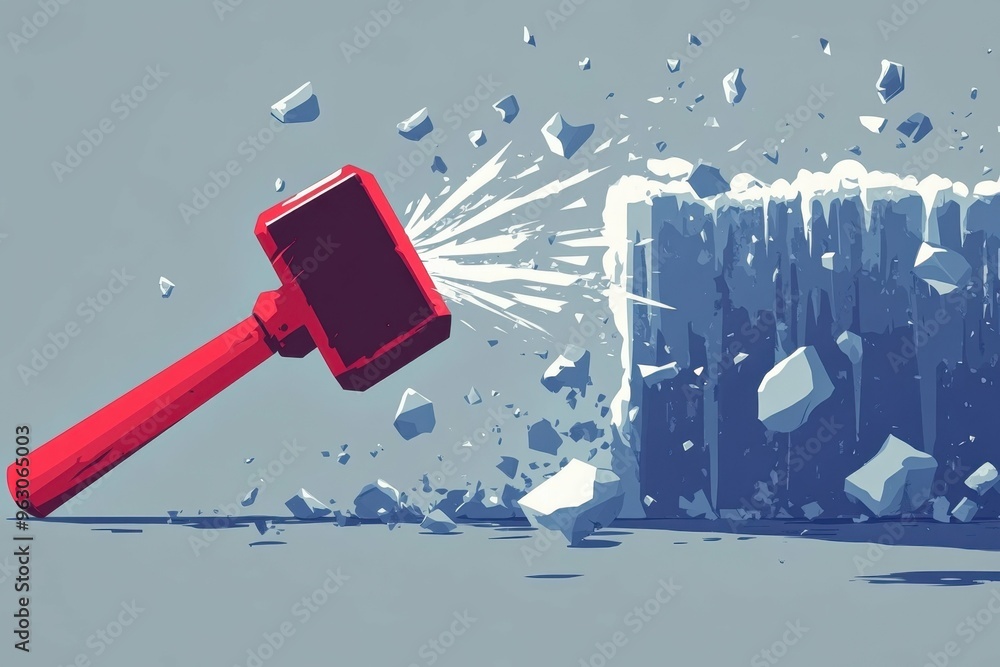 Poster a sharp modern graphic representation of a hammer hitting an ice wall with bright angular shards fly