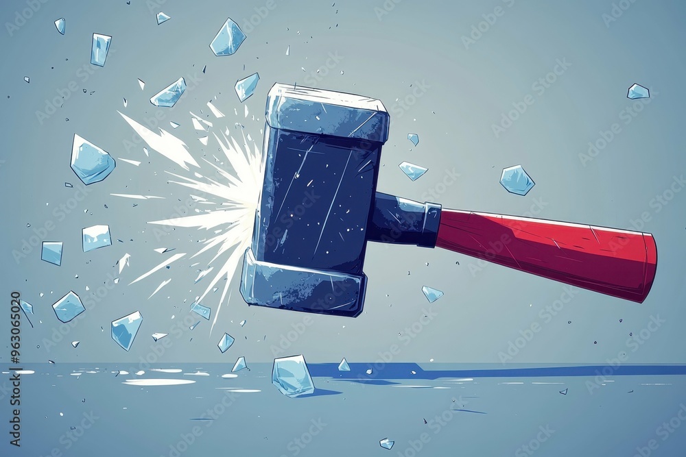 Poster a sharp modern graphic representation of a hammer hitting an ice wall with bright angular shards fly