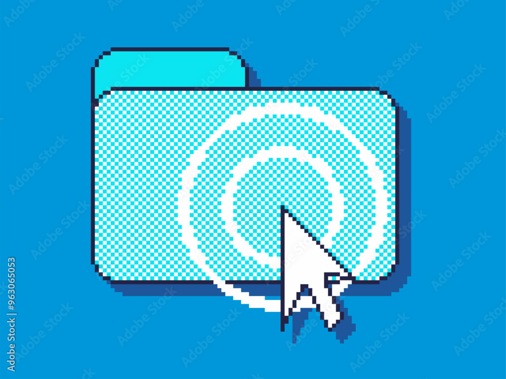 Poster retro pixel art style blue tone cursor over the folder with clicking effect circle, conceptual illus