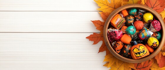 A colorful bowl filled with Halloween candies surrounded by vibrant autumn leaves on a rustic wooden background.