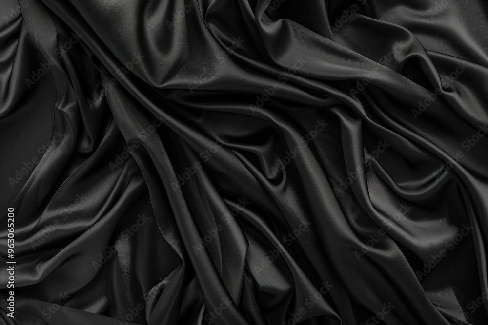 Poster Close-up view of black fabric with smooth texture and uniform color. Fabric has slightly wrinkled surface adding softness to its rigid appearance. Background blurred drawing focus on fabric.