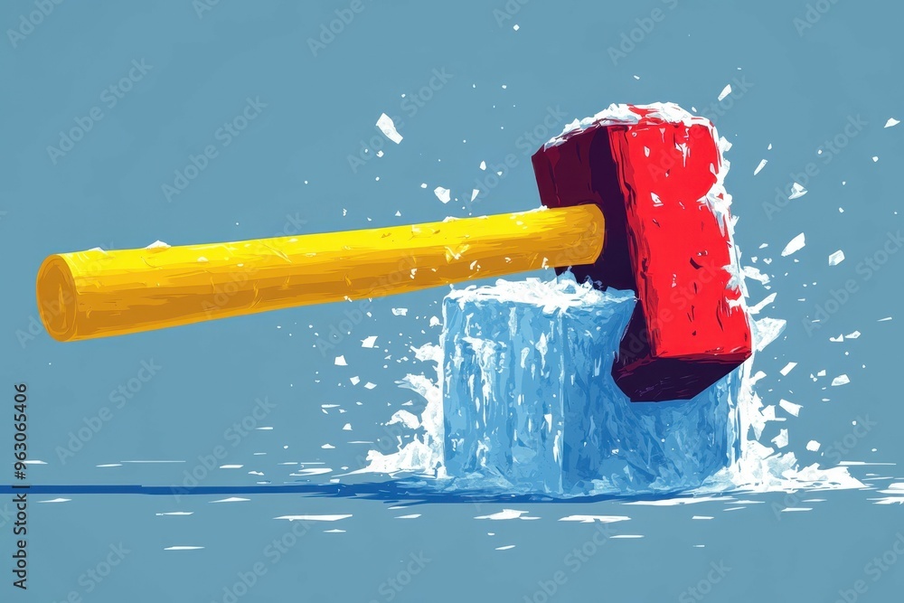Poster abstract minimalistic representation of a hammer hitting an ice block with sharp angles and jagged l