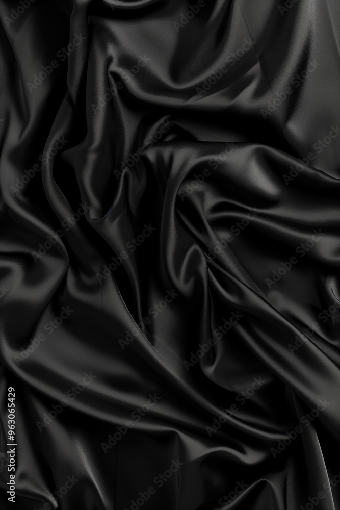 Aufkleber Black fabric texture close-up view smooth surface crumpled folded polyester material gray background stark contrast dark hue no text objects central frame