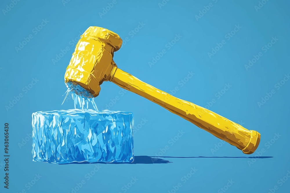 Poster abstract minimalistic representation of a hammer hitting an ice block with sharp angles and jagged l