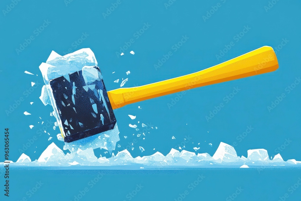 Poster abstract minimalistic representation of a hammer hitting an ice block with sharp angles and jagged l