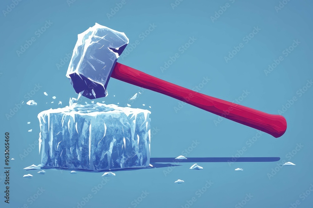 Poster abstract minimalistic representation of a hammer hitting an ice block with sharp angles and jagged l