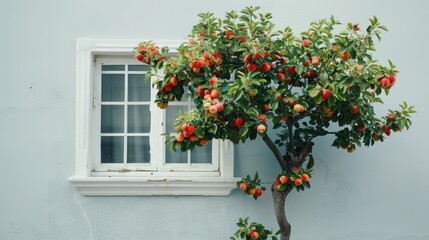 Naklejka premium Ripe beautiful apple fruit on tree with window