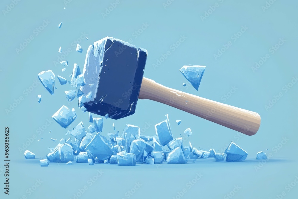 Poster an abstract hammer breaking apart shards of ice represented with blocky bold and fragmented shapes, 