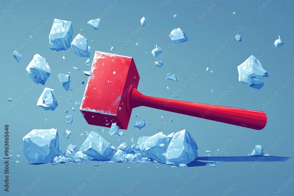 Poster clean minimal lines and shapes representing the moment a hammer makes contact with ice with bold fra