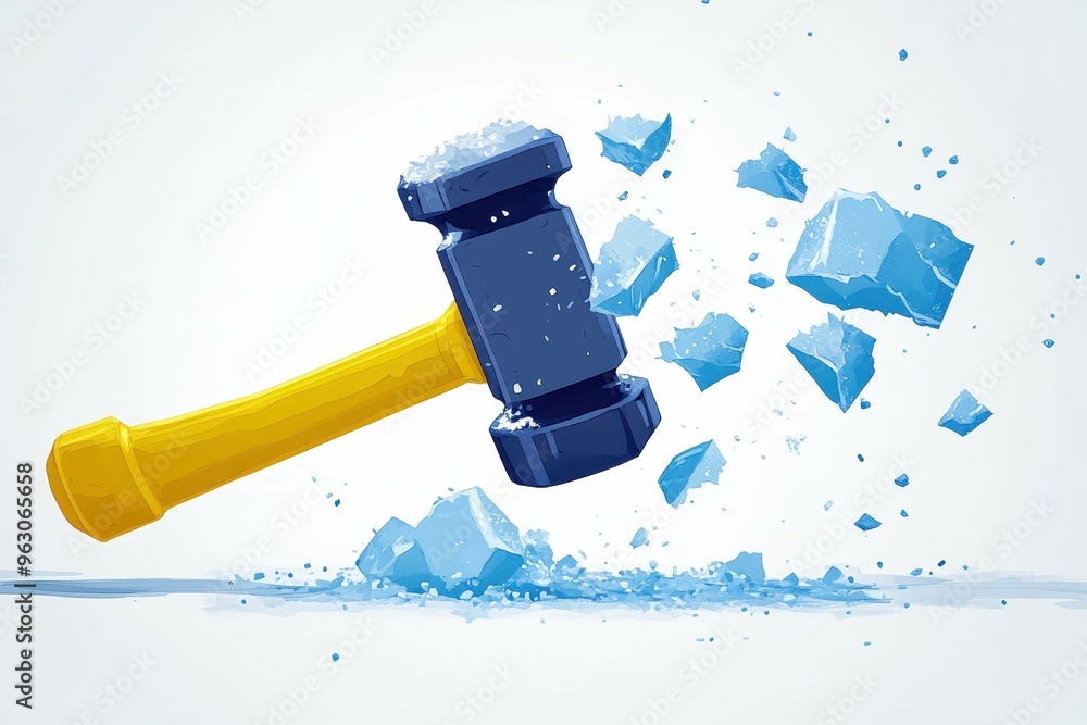 Poster clean minimal lines and shapes representing the moment a hammer makes contact with ice with bold fra