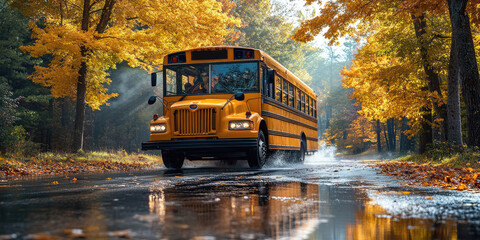 A yellow school bus travels down a wet road surrounded by vibrant autumn foliage in the afternoon