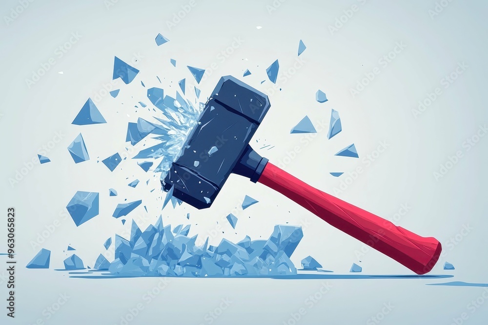 Poster stylized flat design of a hammer breaking through ice with angular shards flying outward, capturing 