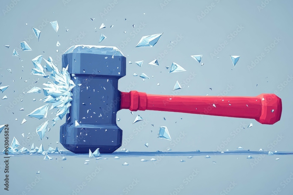 Poster stylized flat design of a hammer breaking through ice with angular shards flying outward, capturing 