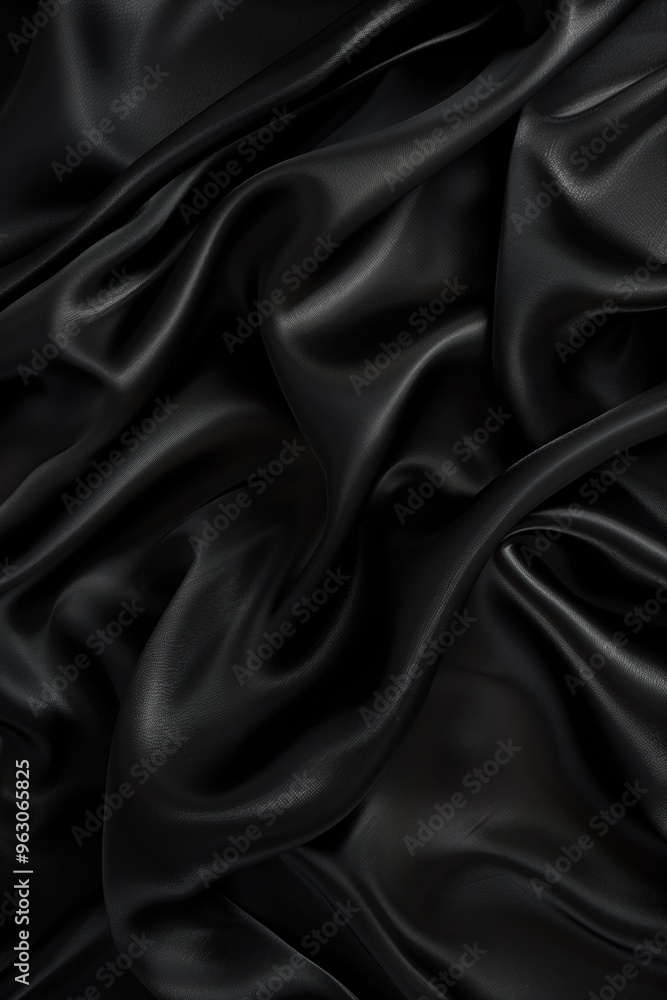 Poster close-up view of black fabric with slight sheen, possibly silk satin. fabric folded in half reveals 