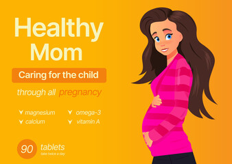Pregnant girl in cartoon style on an orange background. Design for vitamin packaging
