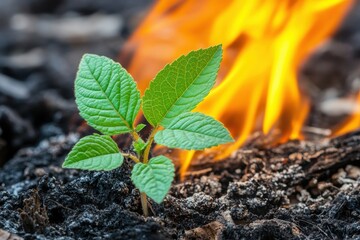 Green sprout resilience wildfire backdrop