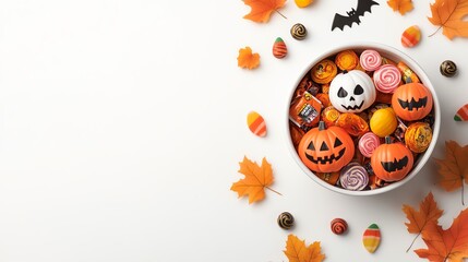 A festive bowl filled with colorful Halloween candies and decorations, perfect for celebrating the spooky season.