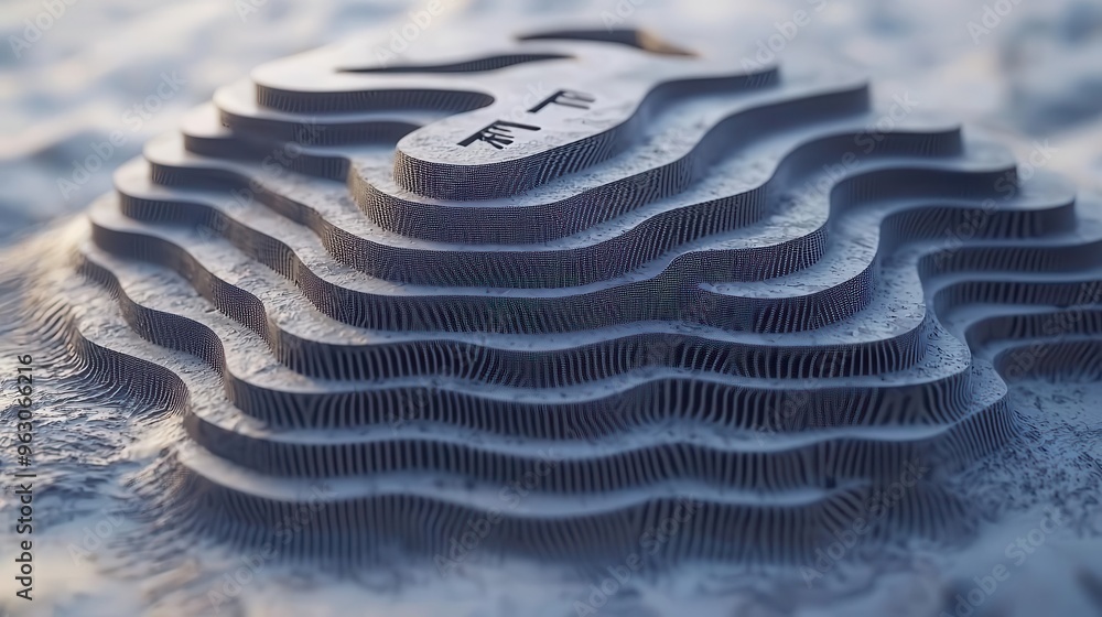 Poster abstract pattern of layered waves in a three-dimensional landscape, showcasing depth and texture in 