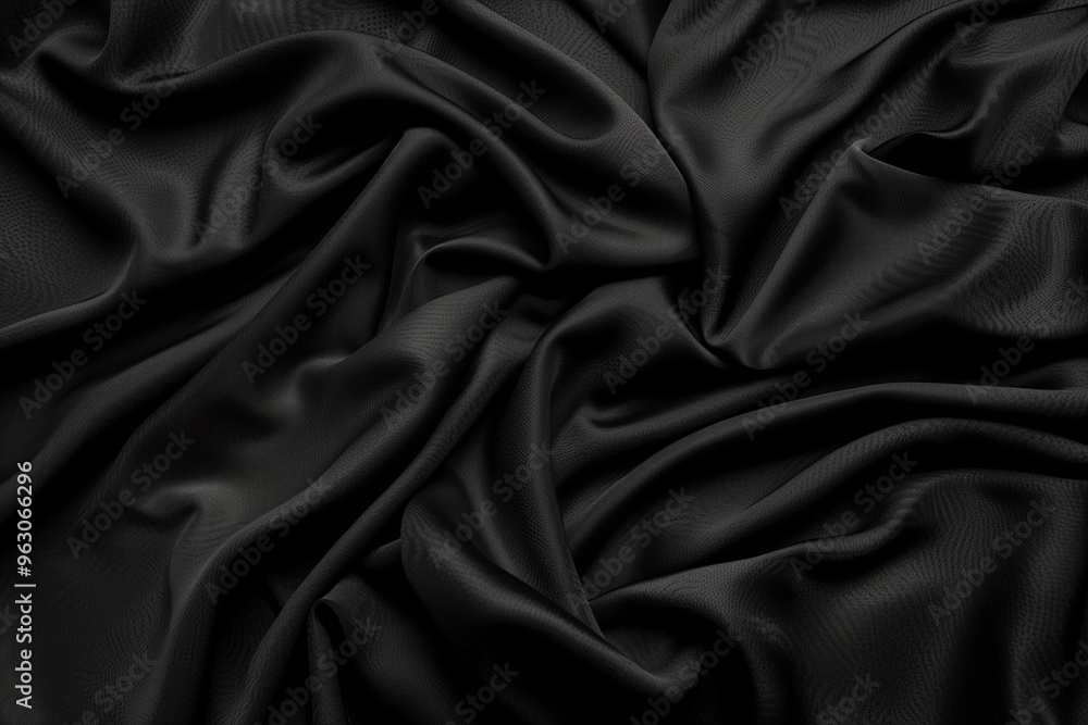 Aufkleber Close-up view of black fabric with texture folds creating depth. Fabric slightly wrinkled adds organic quality. Blurred background focuses on fabric intricate pattern.
