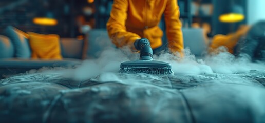 A person is using a steam cleaner on a sofa, creating a cloud of steam. The steam cleaner is being held by a person wearing a yellow shirt, and the steam is filling the room.