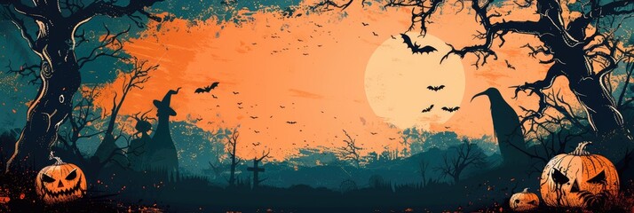 Charming Halloween poster showcasing spooky pumpkins, bats, and a haunting orange sky backdrop
