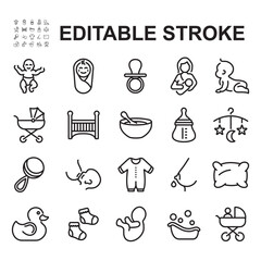 Collection of thin line baby icons. Contains icons such as baby crawling, breastfeeding, baby toys.