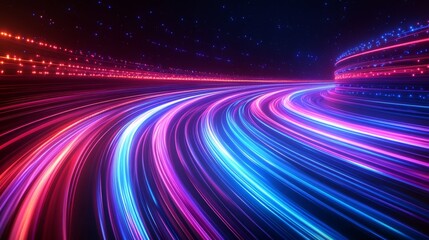 Abstract glowing lines of pink and blue light swirl around a black background.  .