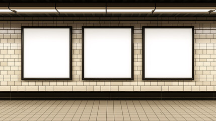 Subway Poster Series Mockup, Three Blank Posters on Tiled Wall, Front View, New York Subway Setting