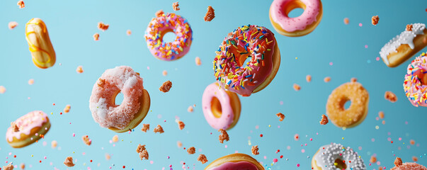 Donuts with colorful sprinkles floating in the air