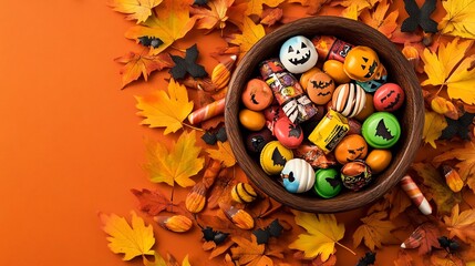 Fototapeta premium Colorful Halloween treats in a bowl surrounded by autumn leaves on a vibrant orange background.