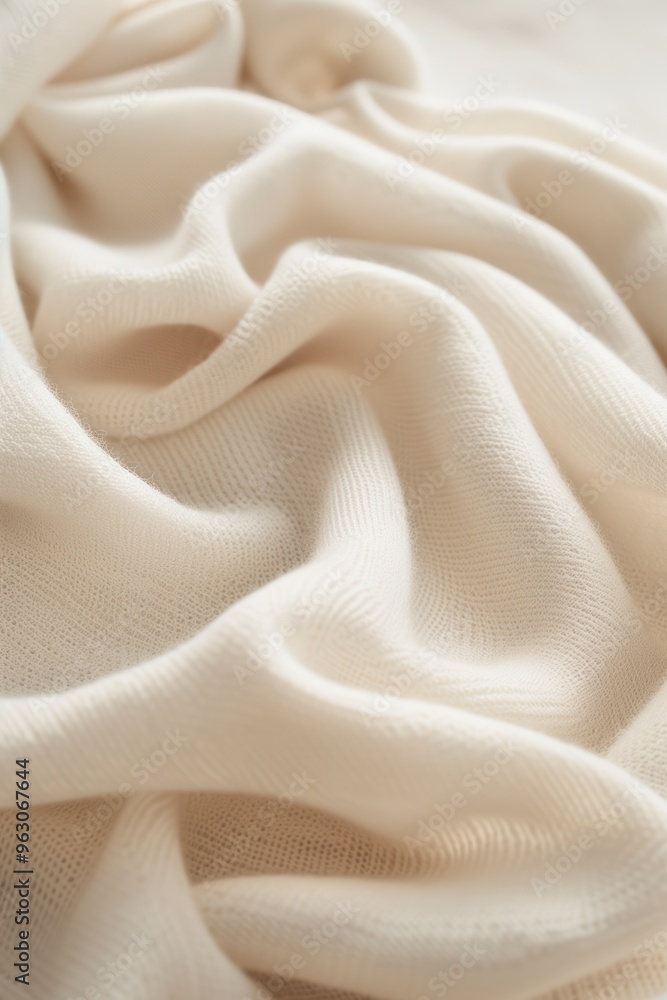 Poster White fabric with subtle wavy texture folded in half reveals intricate pattern. Fabric appears smooth and natural with slight wrinkles. Background blurred to focus on fabric details.
