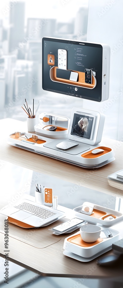Poster modern desk setup with smart devices and gadgets.