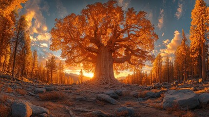 Majestic autumn tree at sunset in a serene forest landscape.