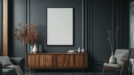 Elegant living room with a dark, moody color palette and minimalist decor.  A large framed print hangs above a mid-century modern cabinet, creating a stylish and sophisticated atmosphere. .