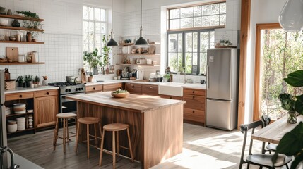 Obraz premium Scandinavian kitchen design with natural materials and a functional layout