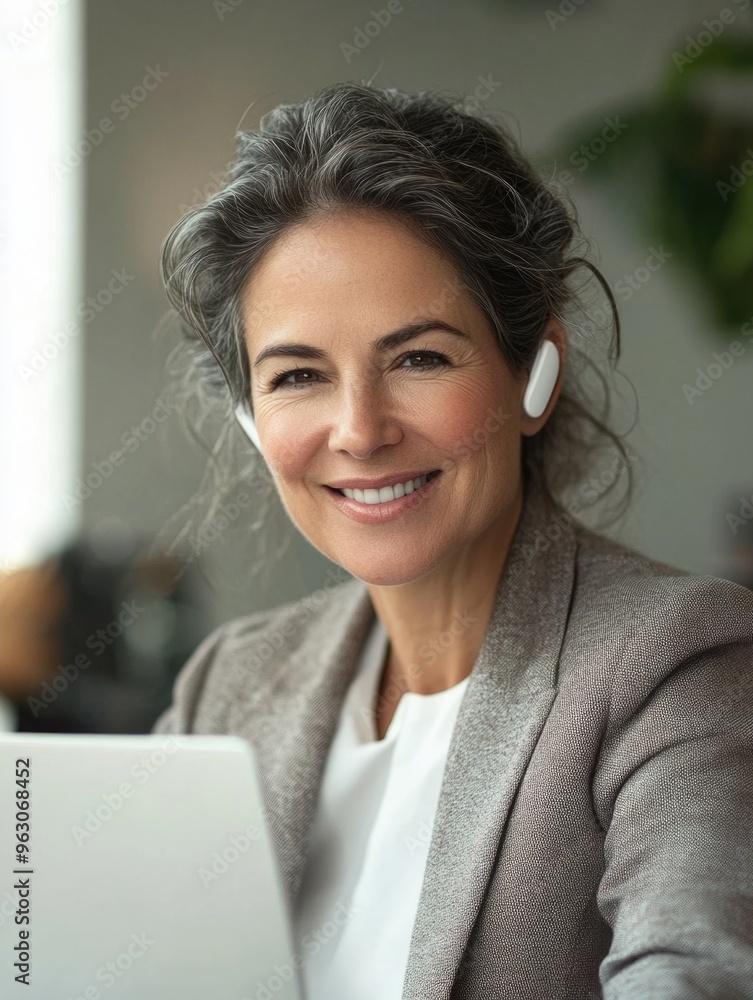 Wall mural professional business woman smiling at laptop