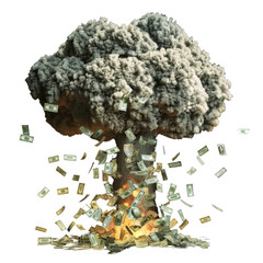 Atomic bomb explosion crafted entirely from cash money, symbolizing the explosive impact of financial power.