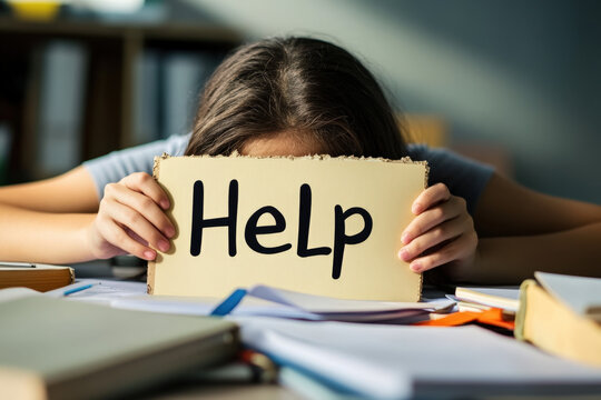 Exhausted student holding a help sign while sitting at a desk with books, expressing the need for mental health support