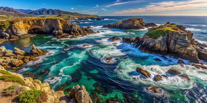 A rocky shoreline stretches, its undulating curve visible beneath the waves as the coronoid process rises, surrounded