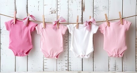 Four baby onesies hanging on a clothesline, two pink and two white. The onesies are hanging against a white wood background.
