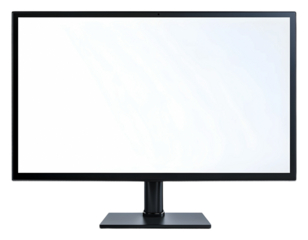 Minimalist black monitor displayed on a sleek desk setup isolated on transparent background