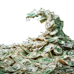 A bulging wave composed entirely of cash money, symbolizing a powerful surge of financial abundance.