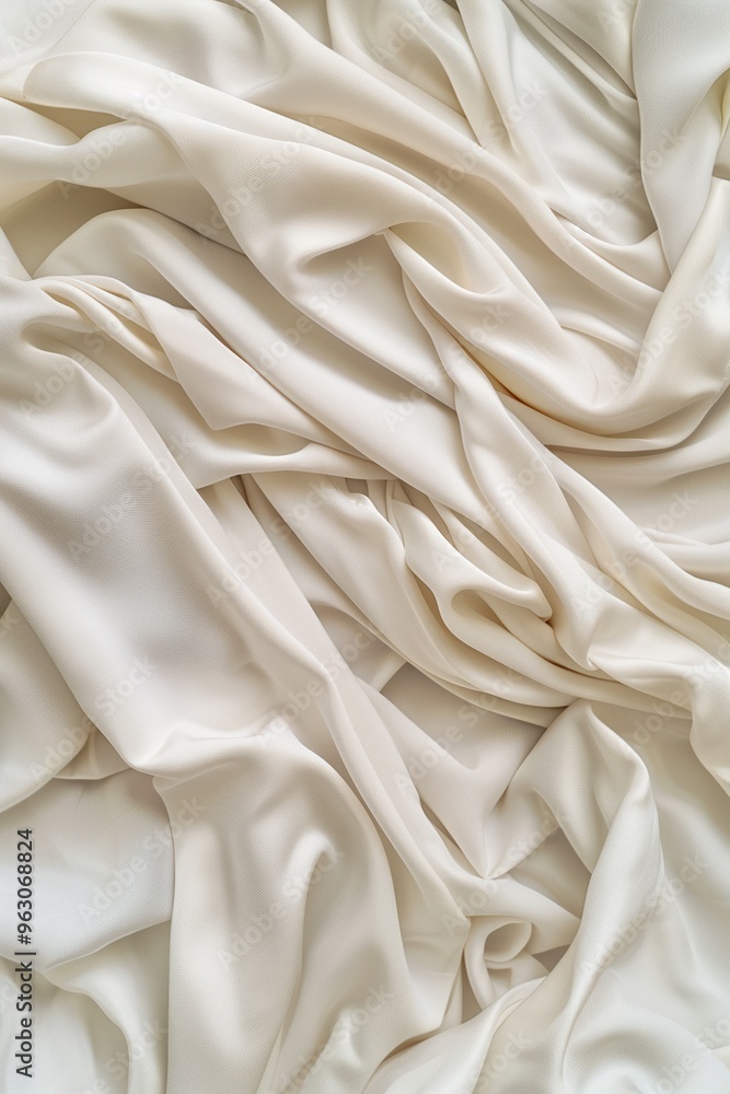 Poster Close-up view of white fabric with intricate texture and patterns. Fabric folded, revealing smooth surface. Background blurred to focus on fabric details. White dominant color adds depth.