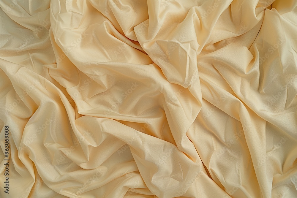 Poster Close-up view of fabric with light beige hue, folded to reveal intricate texture and folds. Fabric appears smooth with subtle wrinkles. Blurred background draws focus to fabric details.