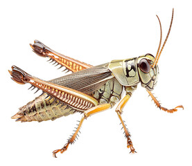 Detailed view of a grasshopper showcasing its intricate features isolated on transparent background