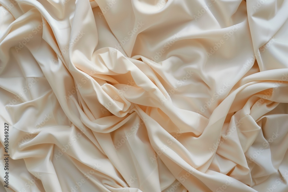 Aufkleber close-up view of fabric with light beige color, folded to reveal intricate texture, pattern. fabric 
