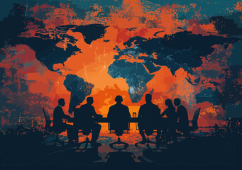 Global Trade Discussion: Business Team Meeting Around World Map at Round Table for Strategic Investment and International Collaboration