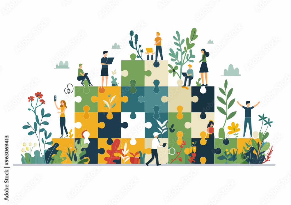 Poster collaborative teamwork concept: people working together solving puzzle pieces in flat vector illustr