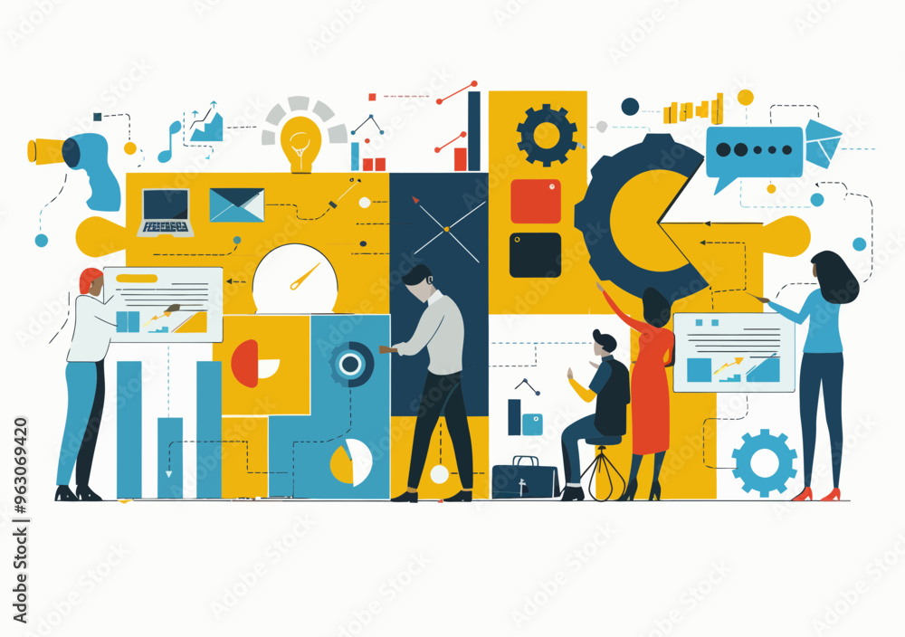 Poster modern collaborative business solutions team creating innovative strategies with charts and graphs m